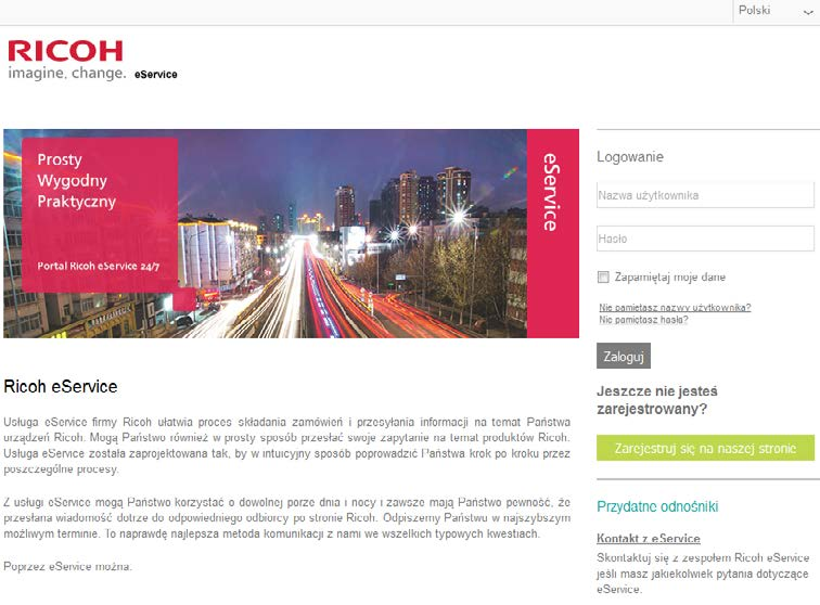 Rejestracja użytkownika Korzystanie z usługi Ricoh eservice wymaga rejestracji. Zarejestrować się do usługi można na stronie internetowej Ricoh eservice http://eservice.ricoh.pl/.