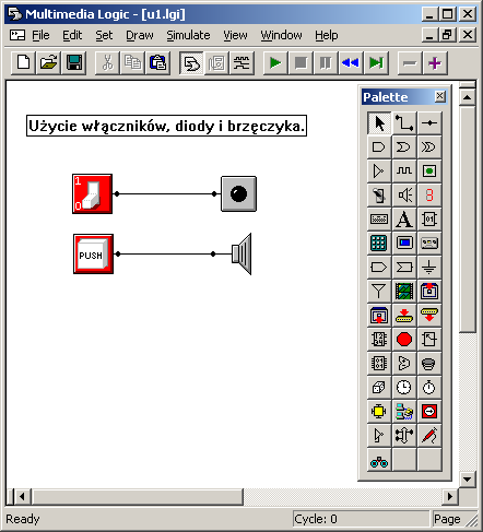 Rys. 4. Pierwszy układ zbudowany w programie MultimediaLogic. Dwa przełączniki użyte w naszym pierwszym układzie różnią się między sobą.