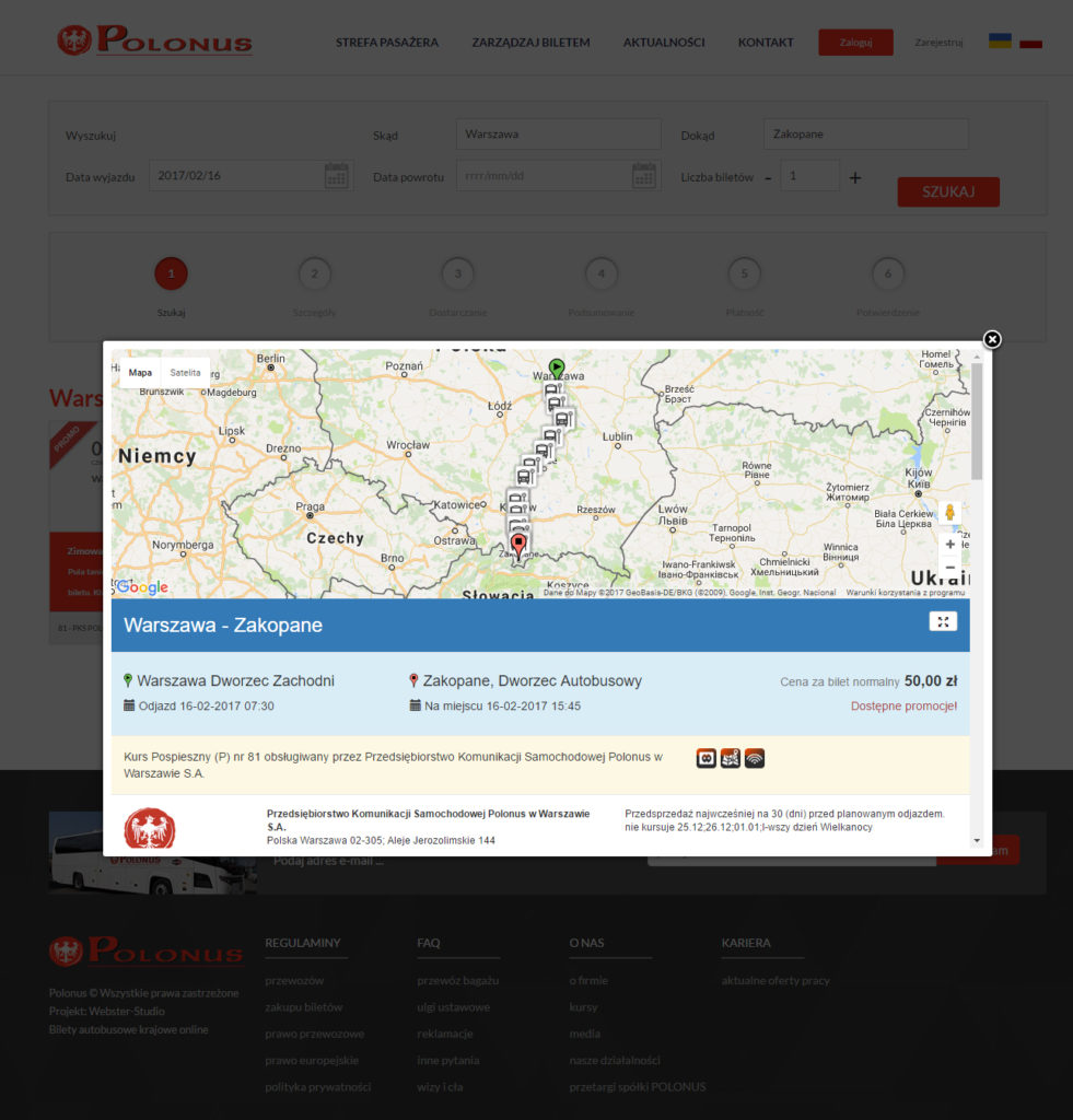 Pojawi się nam mapka z przystankami cena za bilet jaka obowiązuje poza promocją, w co jest wyposażony autokar. Zamykamy klikając na X i wracamy do naszej strony z biletem.