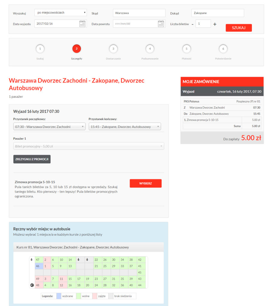 Tutaj możemy też wybrać miejsce do siedzenia. Jak widać wybrane zostało miejsce numer 46.