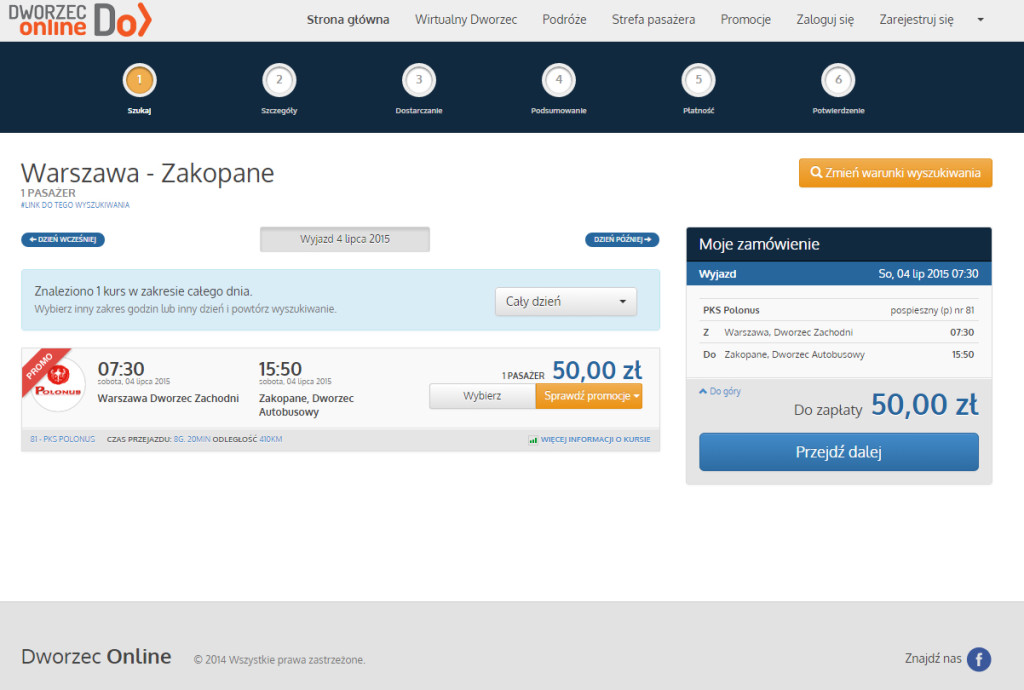 biletów w atrakcyjnych cenach, a poniżej pokazujemy jak skorzystać z promocji W wyszukiwarce Dworzec Online znajdujemy interesujący nas kierunek. W naszym przykładzie jest to Warszawa Zakopane.