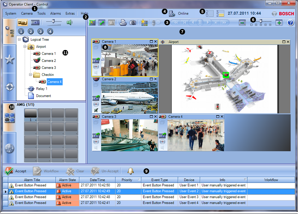 Bosch Video Management System Interfejs użytkownika pl 63 11 Interfejs użytkownika Niniejszy rozdział zawiera informacje o wszystkich oknach dostępnych w aplikacji Operator Client systemu Bosch Video