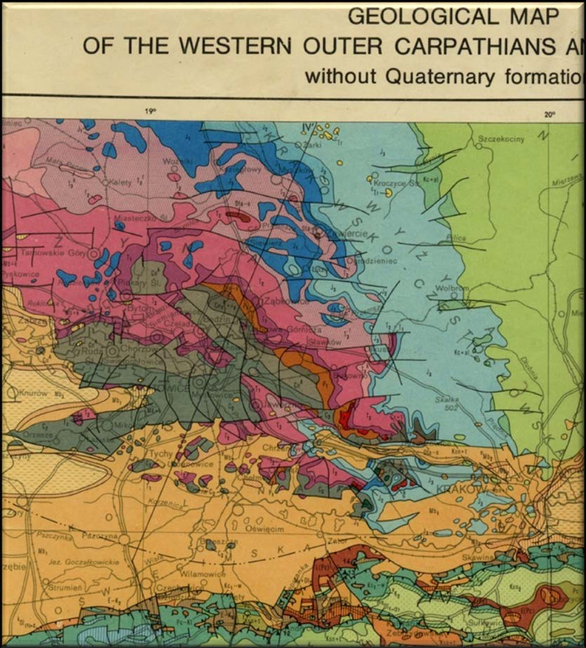 Mapy tematyczne w zarządzaniu środowiskiem MAPA GEOLOGICZNA ZACHODNIE KARPATY FLISZOWE PIG, 1989; Różne wydzielenia