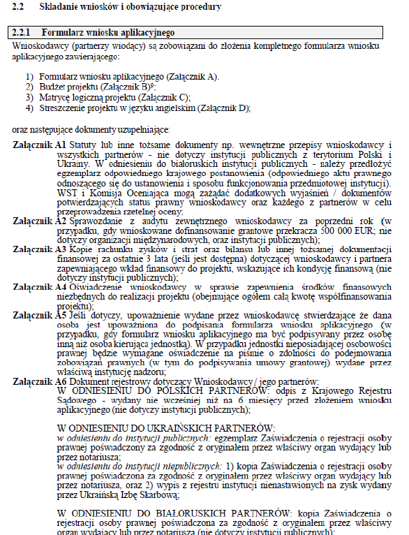 Pełna lista dokumentów uzupełniających do formularza Wniosku aplikacyjnego