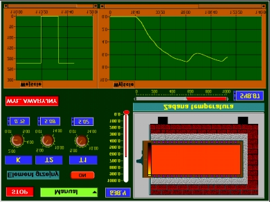 Rys.. Okno wizualizacji modlu pica lktryczngo Zadanim strownika jst dwupołożniowa rgulacja tmpratury pica na podstawi sygnału sprzężnia zwrotngo okrślającgo jj aktualną wartość oraz wartości