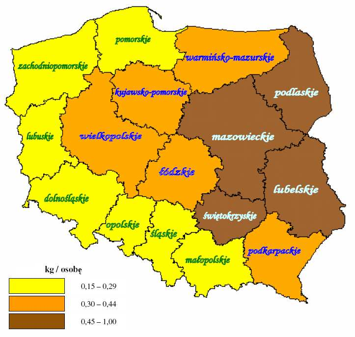 Mapa 2 Nagromadzenie wyrobów zawierających azbest w układzie wojewódzkim na terenie kraju Źródło : Program oczyszczania Kraju z Azbestu na lata 2009 2032, Ministerstwo Gospodarki, Warszawa 2009 Gmina