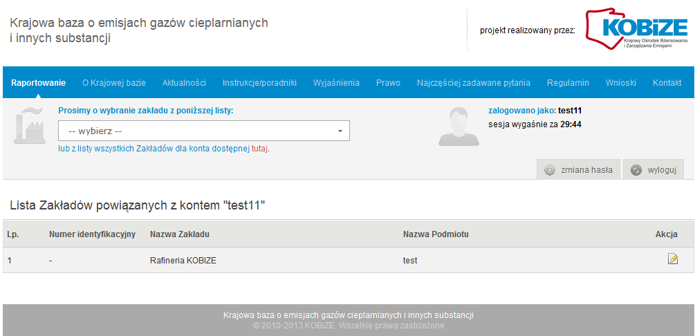 Po wybraniu zakładu, dla którego będzie wprowadzany raport pojawi się okno wyboru okresu sprawozdawczego, z którego należy wybrać okres sprawozdawczy 2010 klikając na przycisk PRZEJDŹ zlokalizowany