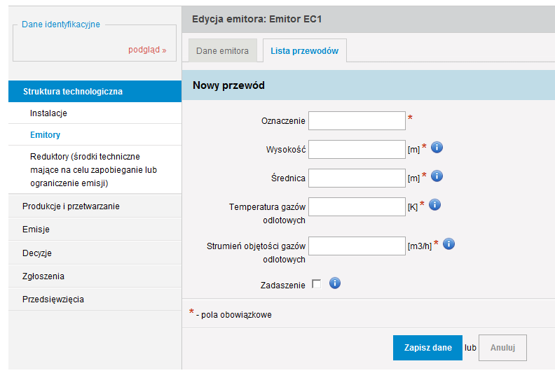 W polach należy wpisać: 1) Oznaczenie stosowane w zakładzie oznaczenie porządkowe przewodu emitora, np. 1, 2, E1/1, E1/2, P1.