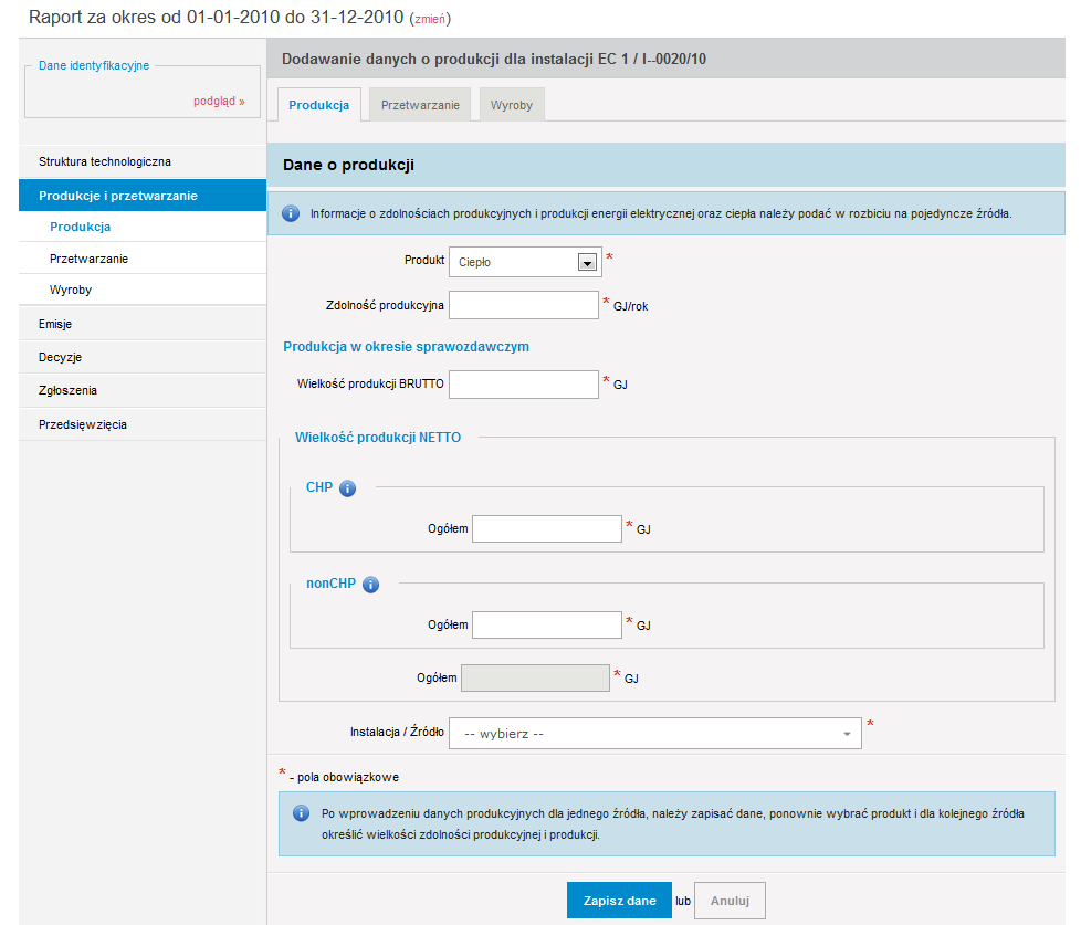 Po wybraniu w polu Produkt ciepła, wyświetli się formularz do wprowadzenia danych dotyczących produkcji ciepła.