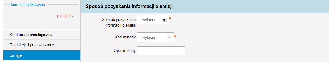 w polu Sposób pozyskania informacji o emisji należy wybrać z listy rozwijalnej metodykę przyjętą do ustalenia wielkości emisji danej substancji z określonego źródła/instalacji: - Pomiar gdy roczna