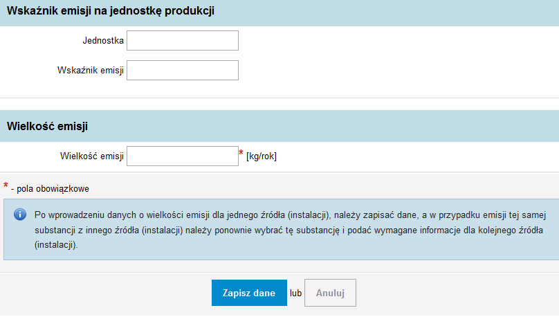 Pole Współczynnik konwersji należy wypełnić jedynie w przypadku wyboru w polu Nazwa substancji pozycji Dwutlenek węgla (CO2).