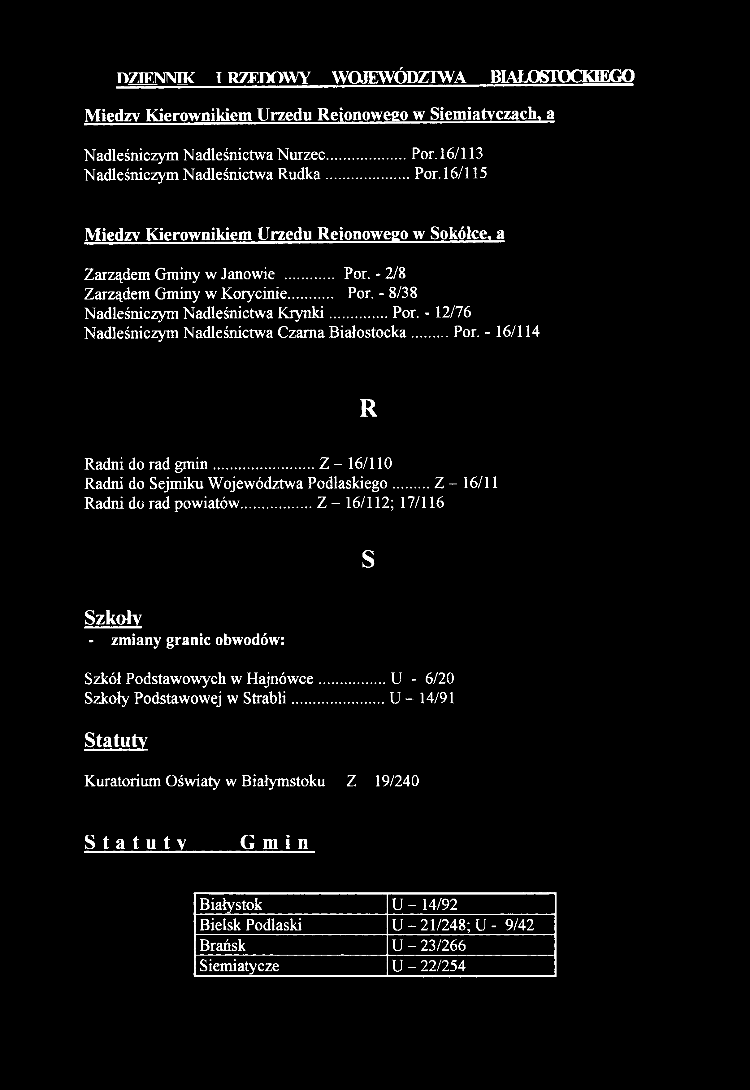 16/115 M ie d z y K ie r o w n ik ie m U r z ę d u R e jo n o w e g o w S o k ó łc e, a Z a rząd e m G m in y w Jan o w ie... Por. - 2/8 Z a rząd e m G m in y w K o ry c in ie... Por. - 8/38 N a d le śn ic z y m N a d le śn ic tw a K r y n k i.