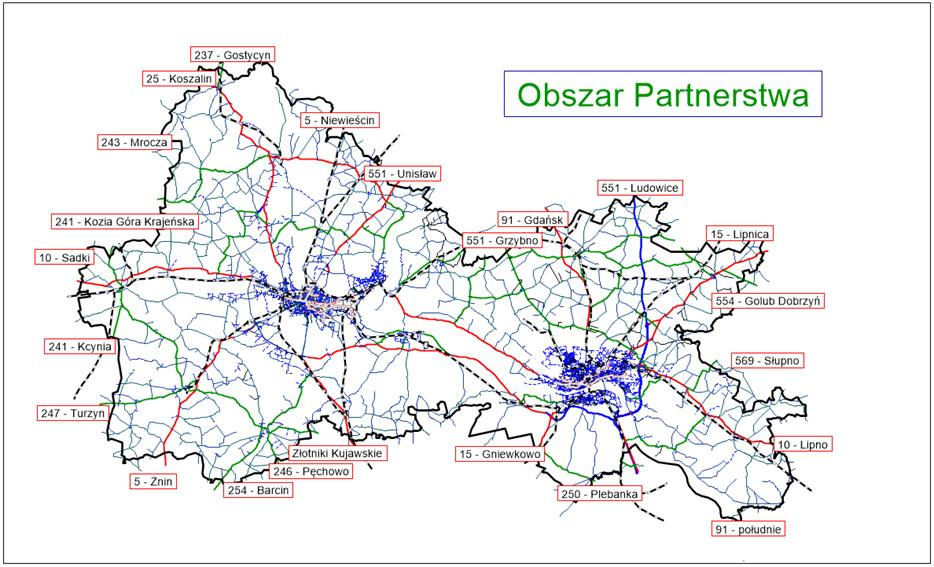 Obszaru Partnerstwa oraz rejonami transportowymi reprezentowanymi przez