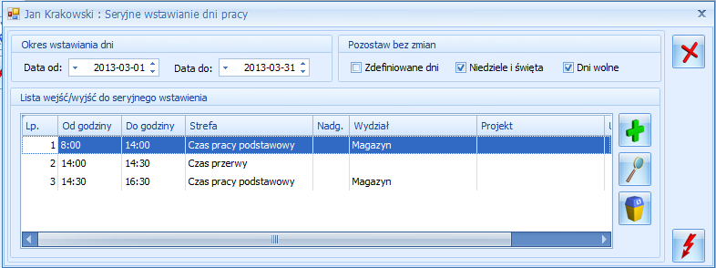 zdefiniować dzień pracy z ewentualnym podziałem na poszczególne wydziały oraz projekty (moduł Płace ). Rys 77.