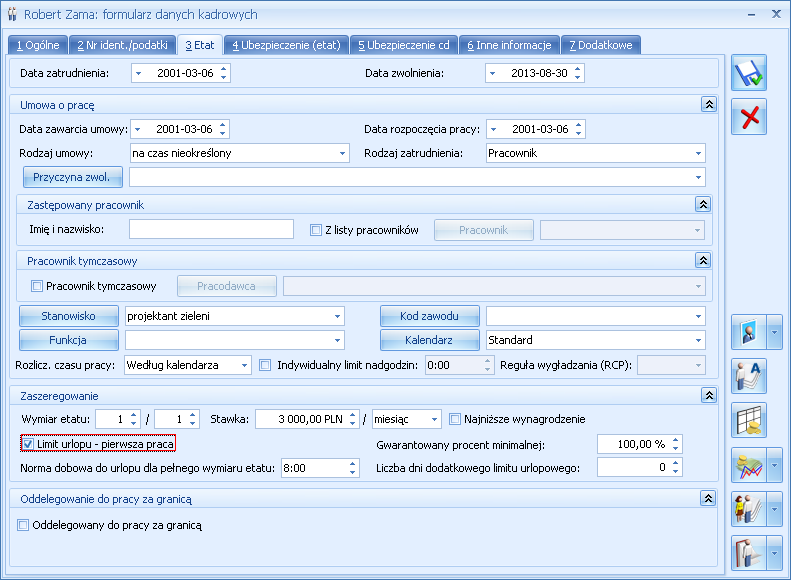 Rys 79. Formularz danych kadrowych parametr limit urlopu-pierwsza praca 6.4.2.