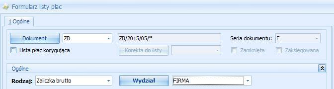 Rys 101. Formularz listy płac Zaliczka brutto (fragment okna) W oknie Wypłaty pracowników należy wybrać listę płac zaliczkową, naliczając wypłatę podnosi się pusty formularz.