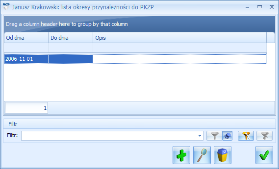 Rys 127. Okno okresy przynależności pracownika do PKZP W razie wystąpienia pracownika z kasy w trakcie zatrudnienia, czy po jego ustaniu należy pamiętać o zapisaniu daty, do kiedy należał do PKZP.