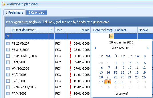 mieście Dla wartości o formacie daty wiersz filtra podpowiada