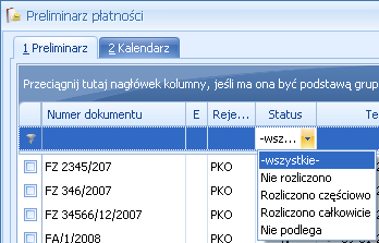 Dla list z kolumną zaznaczeń nad tą kolumną dostępny jest przycisk czyszczenia filtra, na pozostałych listach czyszczenie filtra można wykonać opcją z menu