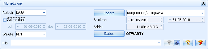 Rys 25. Lista zapisów kasowych/bankowych zwinięty panel filtrowania Pozostałe pola do filtrowania dostępne są po rozwinięciu panelu przyciskiem (Kliknij, aby rozwinąć filtr zaawansowany).