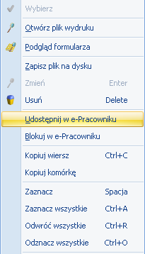 Rys 153. Menu kontekstowe W Archiwum wydruków kolumny e-pracownik oraz Nazwa wydruku można wywołać na listę poprzez wybór kolumn.