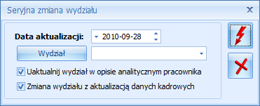 Uw aga: Jeżeli pracownik posiada już zapis aktualizac yjny na wybrany dzień, to program automatycznie nie będzie mógł dokonać aktualizacji wydziału należy wtedy, edytować istniejący zapis aktualizac