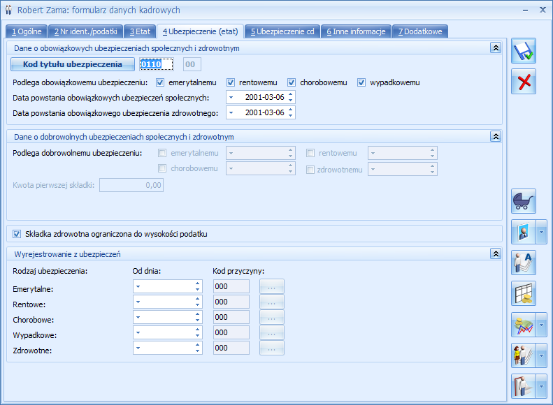 automatycznie podpowie datę zgłoszenia zgodną z wpisaną datą zatrudnienia i po wpisanym kodzie ubezpieczenia rozpozna, które ubezpieczenia zaznaczyć. Rys 57.