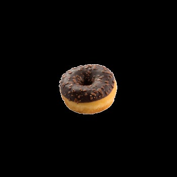 Asortyment mini donutów amerykańskich zawierający 28 donutów z nadzieniem truskawkowym i dekoracją z różowej polewy, 28 donutów z nadzieniem orzechowo-kakaowym i dekoracją z ciemnej polewy z