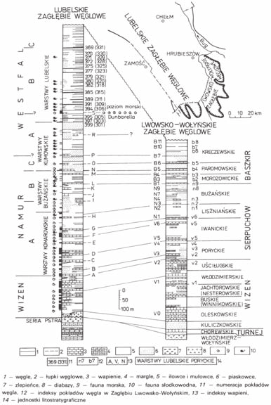 115 Podłoże utworów węglonośnych stanowią krystaliczne skały proterozoiku i osadowe utwory starszego paleozoiku (kambru, ordowiku, syluru i dewonu), na których występują niezgodnie utwory karbońskei: