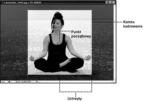 24 Photoshop CS3 Ć wiczenia praktyczne Rysunek 2.1. Ramka kadrowania i jej elementy Jej elementami są uchwyty i punkt początkowy 1. Ramka ta otacza obszar obrazu, który ma zostać zachowany.