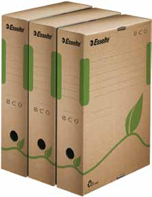 Pudła ECO Esselte Produkt wykonany w 100% z kartonu pochodzącego z odzysku; z 85% udziałem surowców pochodzących z odpadów konsumpcyjnych. W 100% zdatny do recyklingu, posiada certy kat FSC.