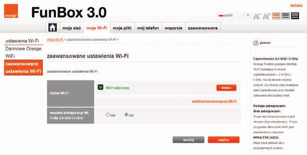 W opcji Wspólna konfiguracja Wi-Fi dla 2,4 GHz i 5 GHz wybierz nie i kliknij zapisz. Jeżeli urządzenie nie posiada obsługi sieci Wi-Fi w najszybszym standardzie AC, możesz użyć adaptera Wi-Fi USB 3.