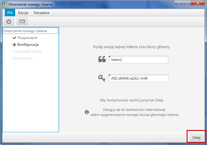 Rysunek 17: Klucz główny do nowego tokena Po wpisaniu klucza głównego w aplikacji EBO Token Online i użyciu przycisku Dalej, pojawi się okno z Kodem odpowiedzi.