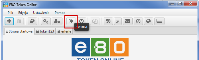 Z aplikacji EBO Token Online, możemy się wylogować poprzez Plik» Wyloguj lub bezpośrednio za pomocą ikonki. Rysunek 27: Wyloguj 5.1.