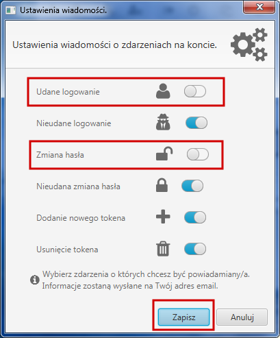 Rysunek 39: Wyłączenie/włączenie powiadomień o zdarzeniach na koncie Ustawienia - Godzin logowania, Przypisania