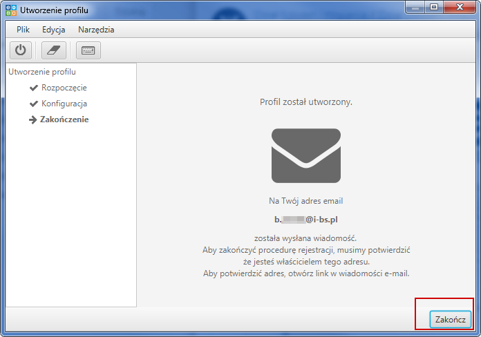 na podany wcześniej e-mail zostanie wysłana wiadomość z potwierdzeniem adresu e-mail, natomiast w aplikacji należy zakończyć tworzenie profilu używając przycisk Zakończ.