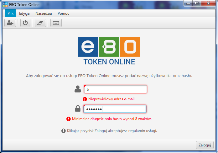 4 Logowanie Po uruchomieniu pliku EBO Token Online i utworzeniu profilu, wyświetli się formularz logowania do aplikacji.
