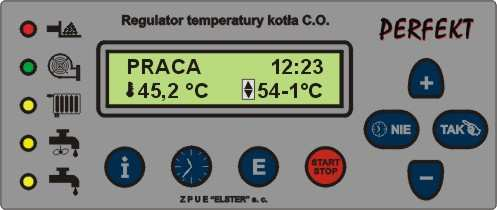 I. Obsługa regulatora. Rys. 1 Widok panelu sterowania. Regulator załączamy do sieci włącznikiem. Na początku wyświetlana jest wersja programu, po czym ukazuje się ekran główny.