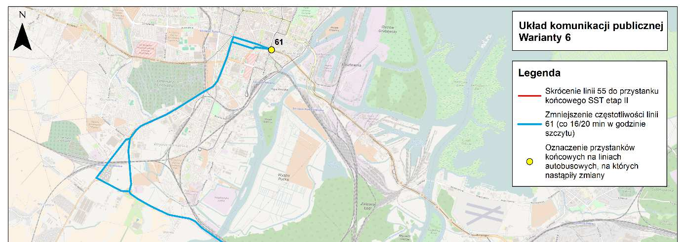 Rysunek 34 Układ zmian w komunikacji publicznej dla wariantu 6 