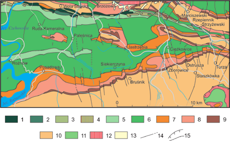 Fig. 5. Geological map of the study area (Burtan et al., 1981; Nescieruk et al., 1992 modified).
