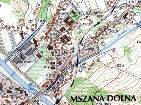 4. Mieg Karte des Konigreichs Galizien und Lodomerien. Fragment of the map with marked spatial layout of Mszana Dolna. Map drawn by Col. Sieger and Lt.-Col.