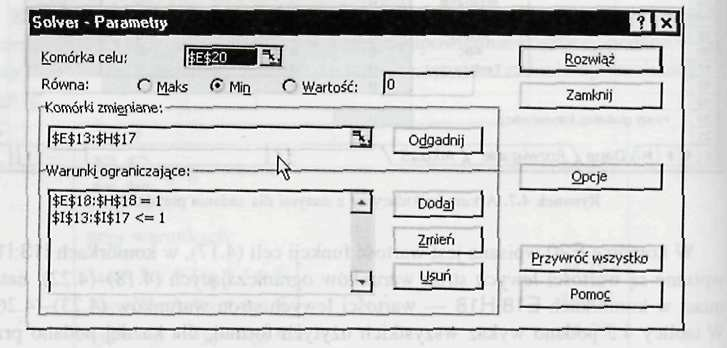 Wypełnione okno dialogowe Solver - Parametry przedstawiono na rys. 2.