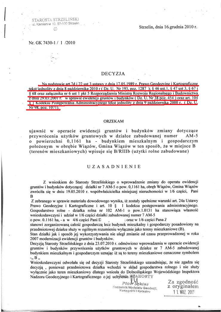 Niewłaściwa podstawa prawna W osnowie decyzji, bezpodstawnie powołane przepisy art. 22 ust. 3 ustawy z dnia 17 maja 1989r.