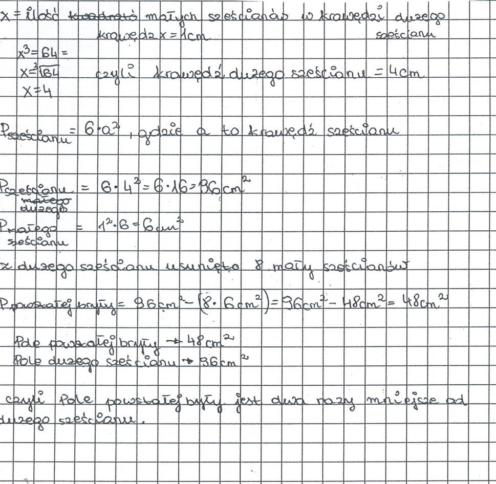 Matematyka Kolejny przykład pokazuje, że gimnazjalista odejmował pola powierzchni ośmiu usuniętych jednostkowych sześcianów od pola powierzchni sześcianu.