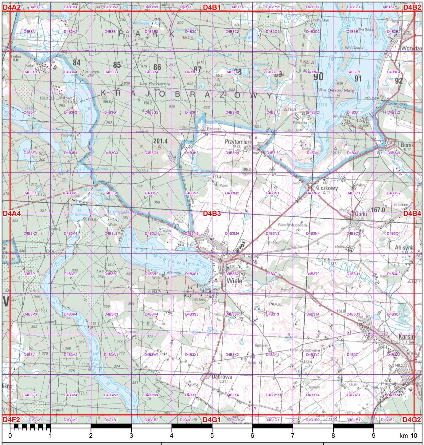 Rys. 2. Przykładowy wybór miejsc do skontrolowania w obrębie pow. 10x10 km.