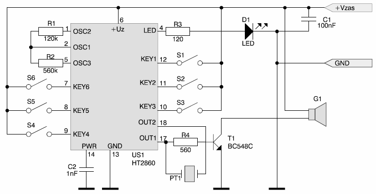 Rys. 5.5. Schemat elektryczny generatora sygnałów akustycznych [28] Układ zasilania urządzenia monitorującego maszynę elektryczną został zaprojektowany na baterię 12 V.