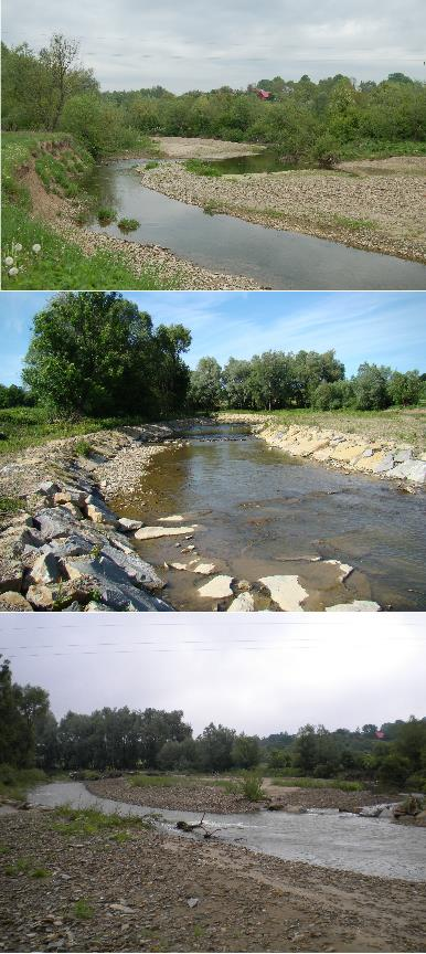A B C Fot.; Zmiany naturalnego koryta rzecznego (zdjęcie A) w efekcie regulacji w 2008 r.(zdjęcie B) i powodzi w 2010 r. (zdjęcie C) na przykładzie rzeki Stradomki. Tzw.