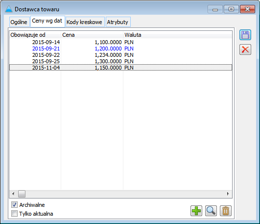 cena, której data obowiązywania jest mniejsza lub równa dacie bieżącej. Jej zmiana na zakładce ogólne będzie skutkowała zmianą ceny aktualnej, widocznej na zakładce Ceny wg dat.