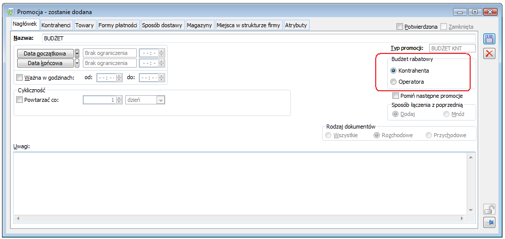 Rysunek 15 Wybór rodzaju Budżetu rabatowego Poszczególne zakładki nowego typu promocji i ich obsługa nie różni się od innych promocji, z wyłączeniem zakładki {Kontrahenci}, {Operatorzy} i {Towary},
