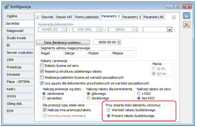 Zmiana ilości na elemencie dokumentu a rabat budżetowy Zachowanie Systemu w zakresie zmiany ilości na elemencie transakcji, na którym udzielono rabatu w ramach budżetu rabatowego jest parametryzowane